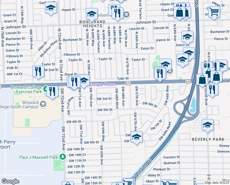 map of restaurants, bars, coffee shops, grocery stores, and more near 200 Southwest 68th Boulevard in Pembroke Pines