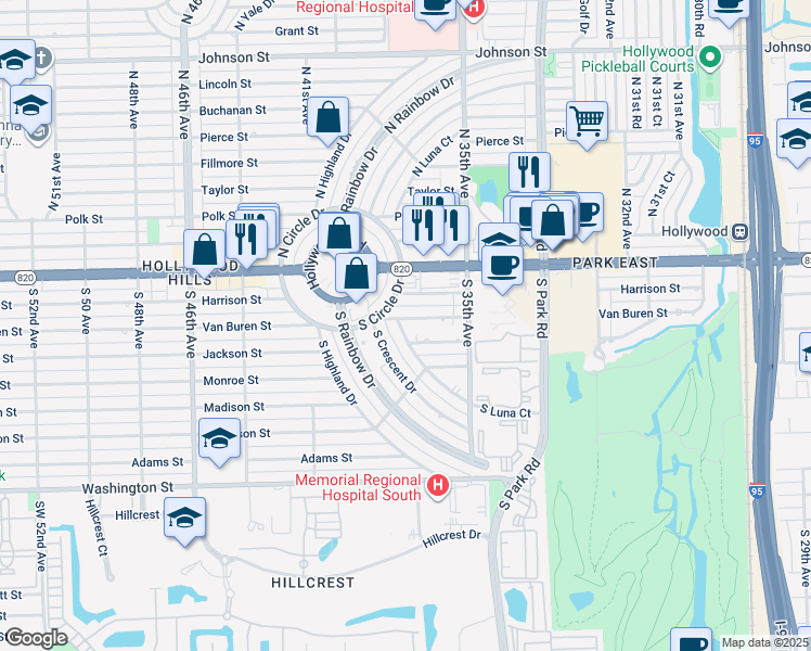 map of restaurants, bars, coffee shops, grocery stores, and more near 131 South Luna Court in Hollywood