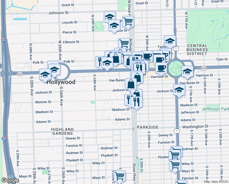 map of restaurants, bars, coffee shops, grocery stores, and more near 2222 Jackson Street in Hollywood