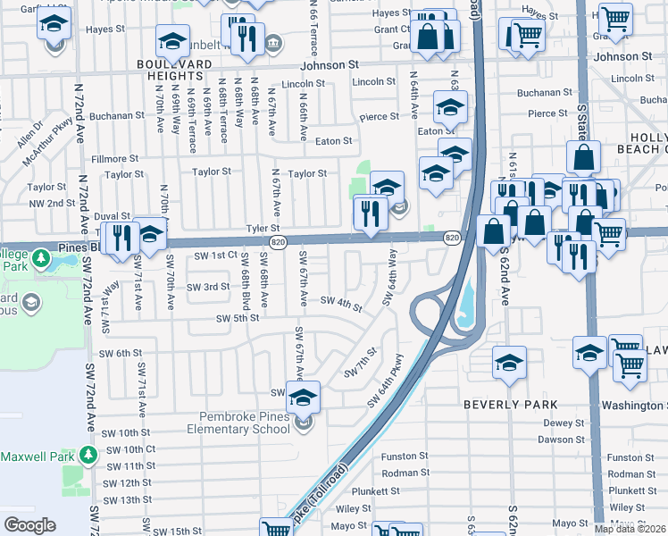 map of restaurants, bars, coffee shops, grocery stores, and more near 211 Southwest 66th Avenue in Pembroke Pines