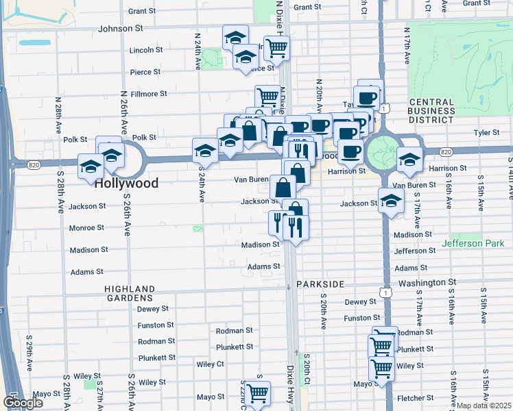 map of restaurants, bars, coffee shops, grocery stores, and more near 2200 Jackson Street in Hollywood