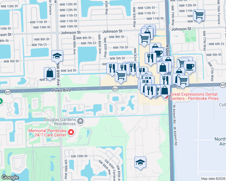 map of restaurants, bars, coffee shops, grocery stores, and more near 11555 Pines Boulevard in Pembroke Pines