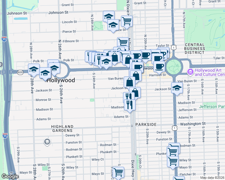 map of restaurants, bars, coffee shops, grocery stores, and more near 2236 Jackson Street in Hollywood
