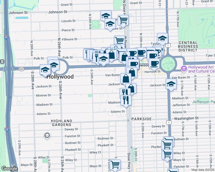 map of restaurants, bars, coffee shops, grocery stores, and more near 2236 Jackson Street in Hollywood