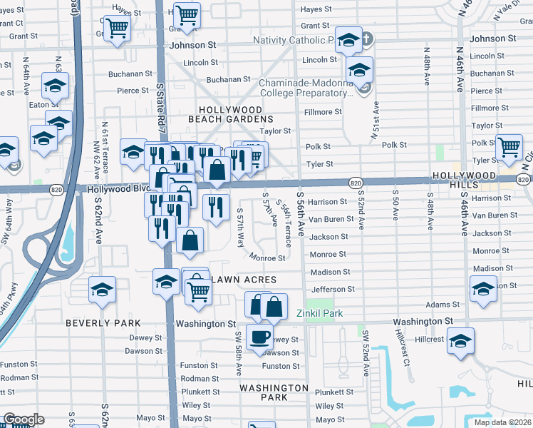 map of restaurants, bars, coffee shops, grocery stores, and more near 217 South 57th Terrace in Hollywood