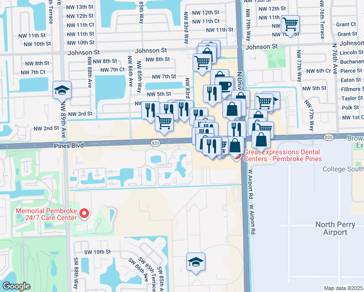 map of restaurants, bars, coffee shops, grocery stores, and more near 8320 Southwest 1st Street in Pembroke Pines