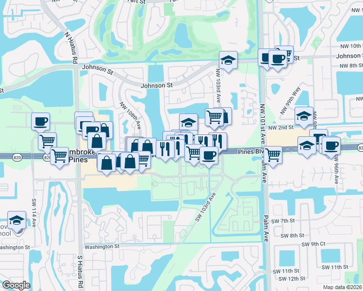 map of restaurants, bars, coffee shops, grocery stores, and more near 10600 Northwest 1st Street in Pembroke Pines