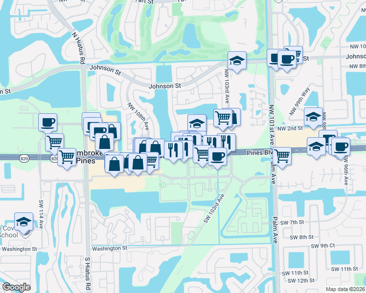 map of restaurants, bars, coffee shops, grocery stores, and more near 10600 Northwest 1st Street in Pembroke Pines