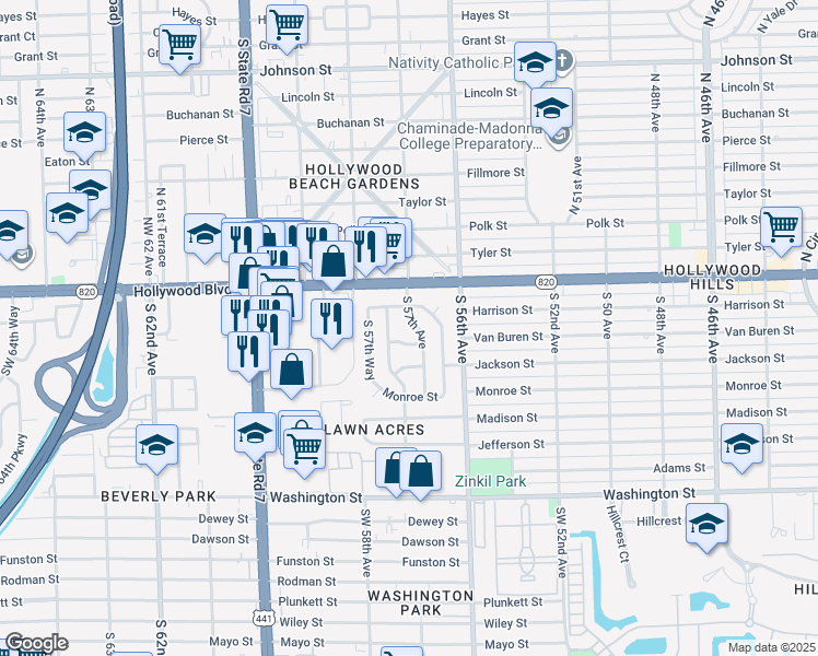 map of restaurants, bars, coffee shops, grocery stores, and more near 217 South 57th Terrace in Hollywood