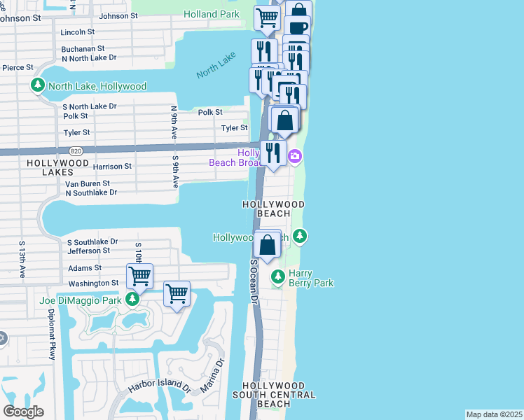 map of restaurants, bars, coffee shops, grocery stores, and more near 602 South Ocean Drive in Hollywood