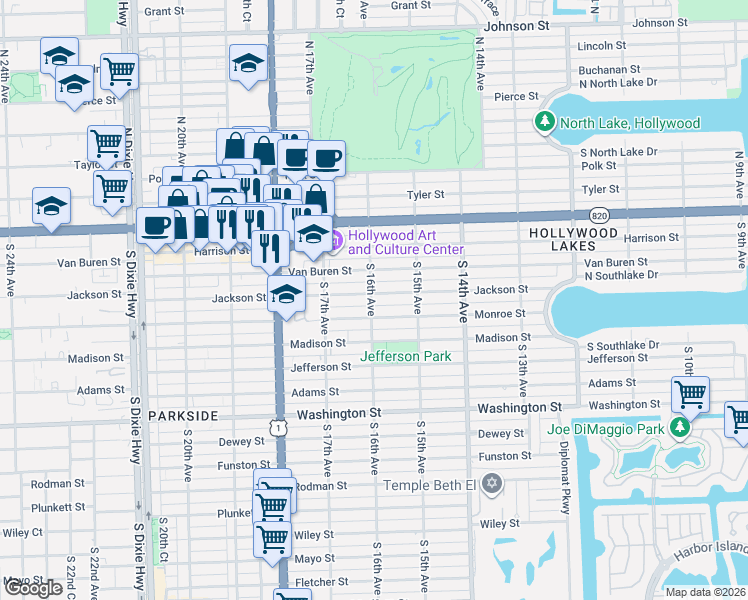 map of restaurants, bars, coffee shops, grocery stores, and more near 405 South 16th Avenue in Hollywood