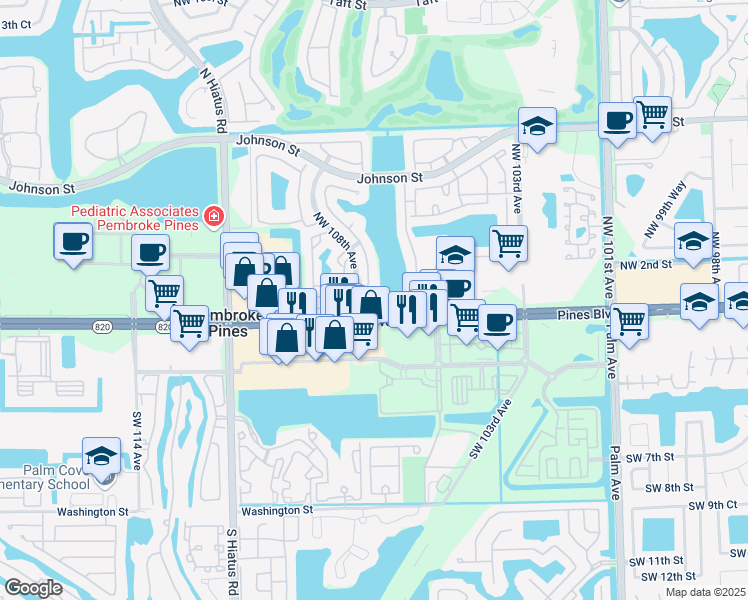 map of restaurants, bars, coffee shops, grocery stores, and more near 121 Northwest 108th Avenue in Pembroke Pines