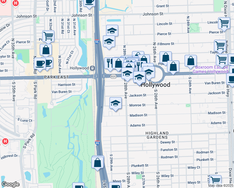 map of restaurants, bars, coffee shops, grocery stores, and more near 2831 Jackson Street in Hollywood