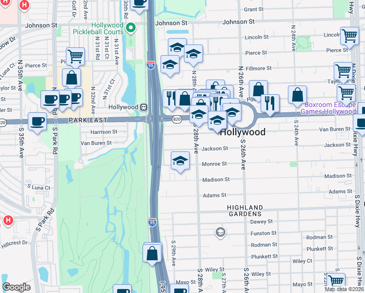 map of restaurants, bars, coffee shops, grocery stores, and more near 2831 Jackson Street in Hollywood