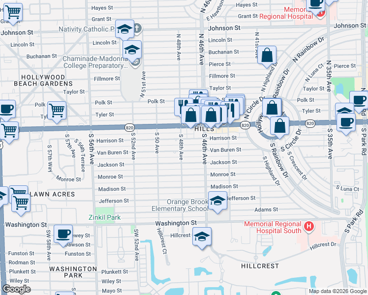 map of restaurants, bars, coffee shops, grocery stores, and more near 4729 Van Buren Street in Hollywood