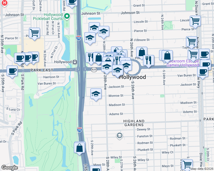 map of restaurants, bars, coffee shops, grocery stores, and more near 327 South 28th Avenue in Hollywood