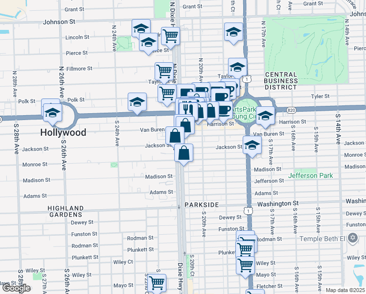 map of restaurants, bars, coffee shops, grocery stores, and more near 2030 Jackson Street in Hollywood