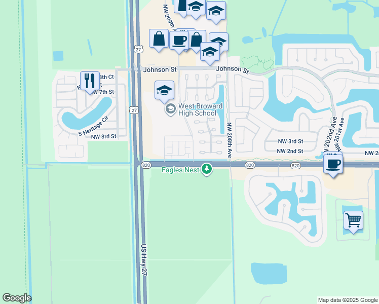 map of restaurants, bars, coffee shops, grocery stores, and more near 20919 Northwest 1st Street in Pembroke Pines