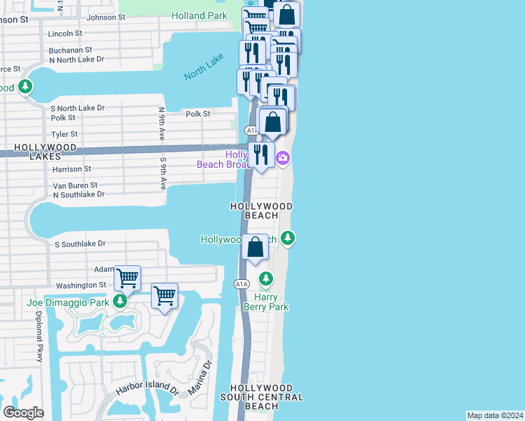 map of restaurants, bars, coffee shops, grocery stores, and more near in Hollywood