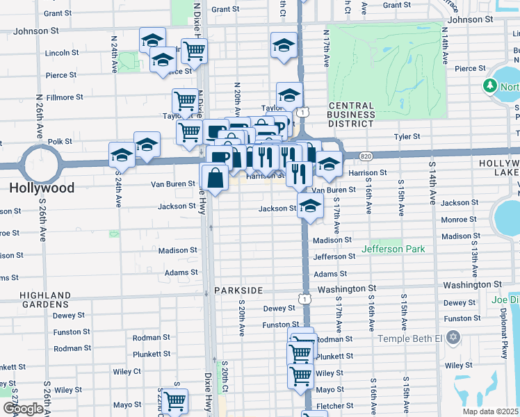 map of restaurants, bars, coffee shops, grocery stores, and more near 398 South 19th Avenue in Hollywood
