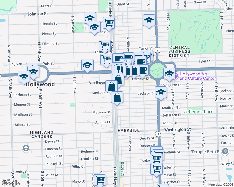 map of restaurants, bars, coffee shops, grocery stores, and more near 2030 Jackson Street in Hollywood