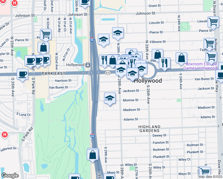map of restaurants, bars, coffee shops, grocery stores, and more near 2831 Jackson Street in Hollywood