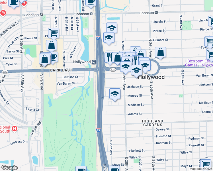 map of restaurants, bars, coffee shops, grocery stores, and more near 2915 Jackson Street in Hollywood