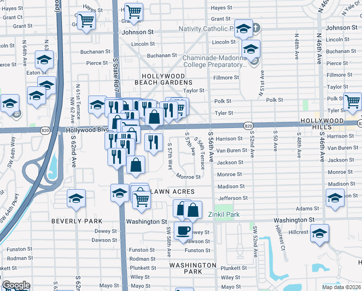 map of restaurants, bars, coffee shops, grocery stores, and more near 217 South 57th Terrace in Hollywood