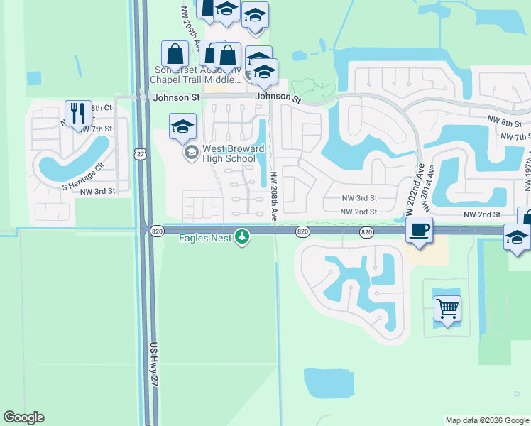 map of restaurants, bars, coffee shops, grocery stores, and more near 20801 Northwest 1st Street in Pembroke Pines
