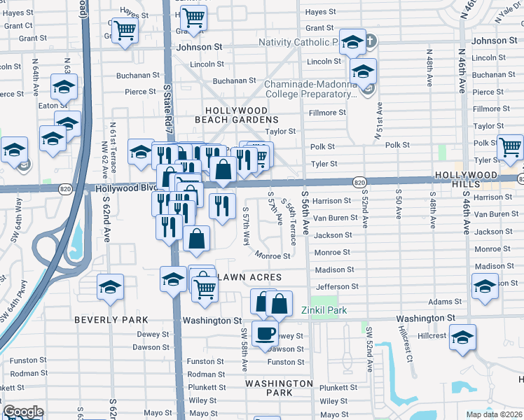 map of restaurants, bars, coffee shops, grocery stores, and more near 217 South 57th Terrace in Hollywood