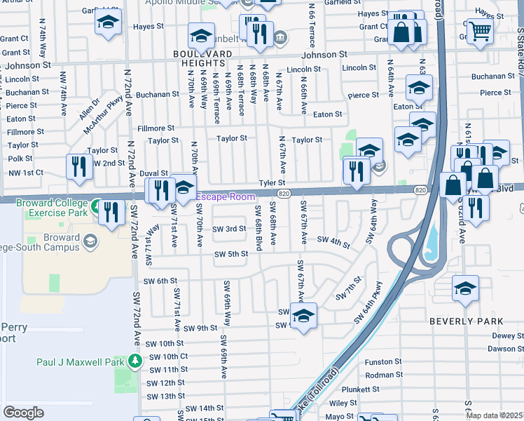 map of restaurants, bars, coffee shops, grocery stores, and more near 200 Southwest 68th Boulevard in Pembroke Pines