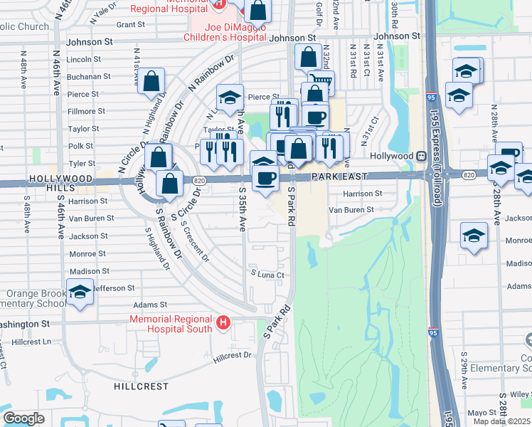 map of restaurants, bars, coffee shops, grocery stores, and more near 300 South Park Road in Hollywood