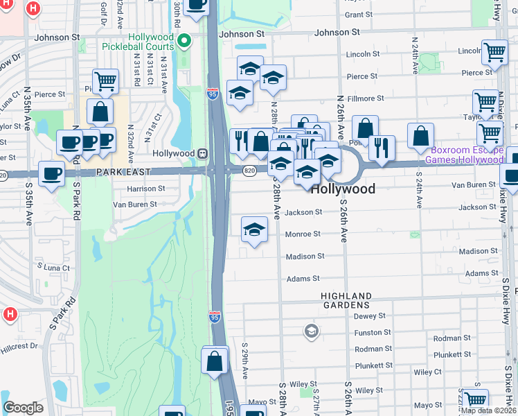 map of restaurants, bars, coffee shops, grocery stores, and more near 2831 Jackson Street in Hollywood