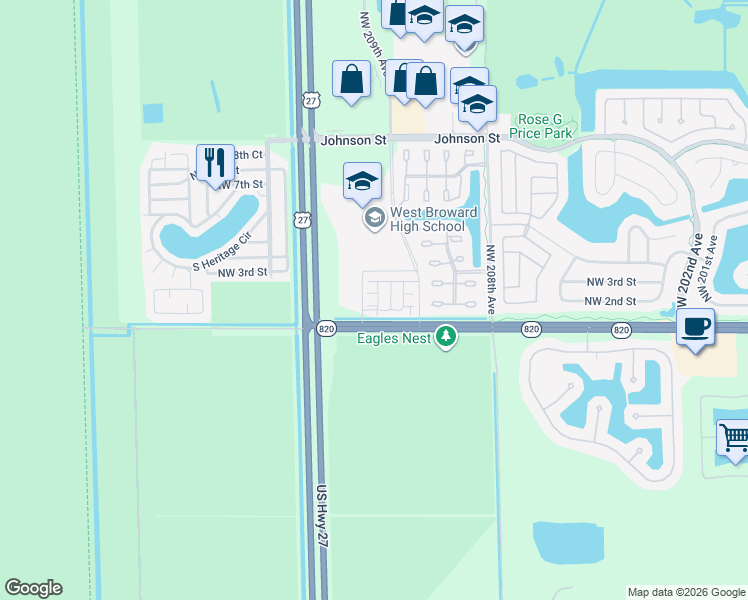 map of restaurants, bars, coffee shops, grocery stores, and more near 20950 Northwest 1st Court in Pembroke Pines