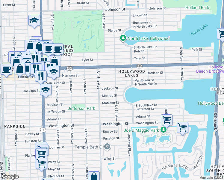 map of restaurants, bars, coffee shops, grocery stores, and more near 1311 Monroe Street in Hollywood