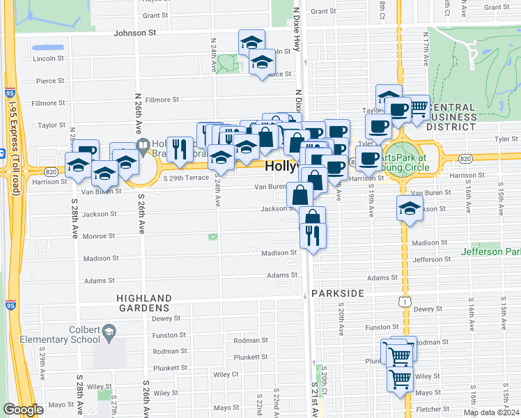 map of restaurants, bars, coffee shops, grocery stores, and more near 2221 Jackson Street in Hollywood