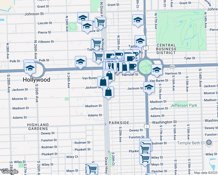 map of restaurants, bars, coffee shops, grocery stores, and more near 2030 Jackson Street in Hollywood