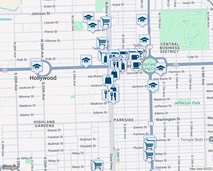 map of restaurants, bars, coffee shops, grocery stores, and more near 400 South Dixie Highway in Hollywood