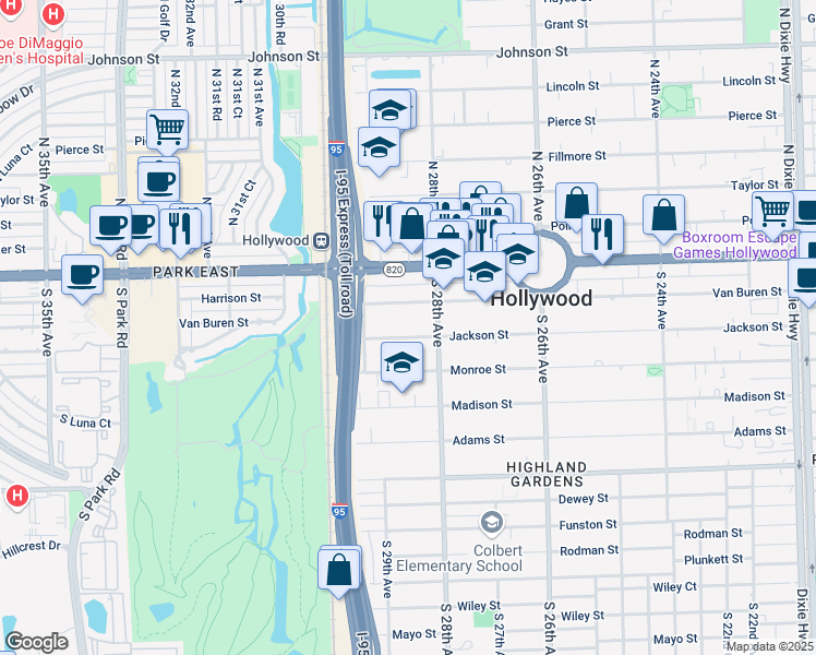 map of restaurants, bars, coffee shops, grocery stores, and more near 2831 Jackson Street in Hollywood