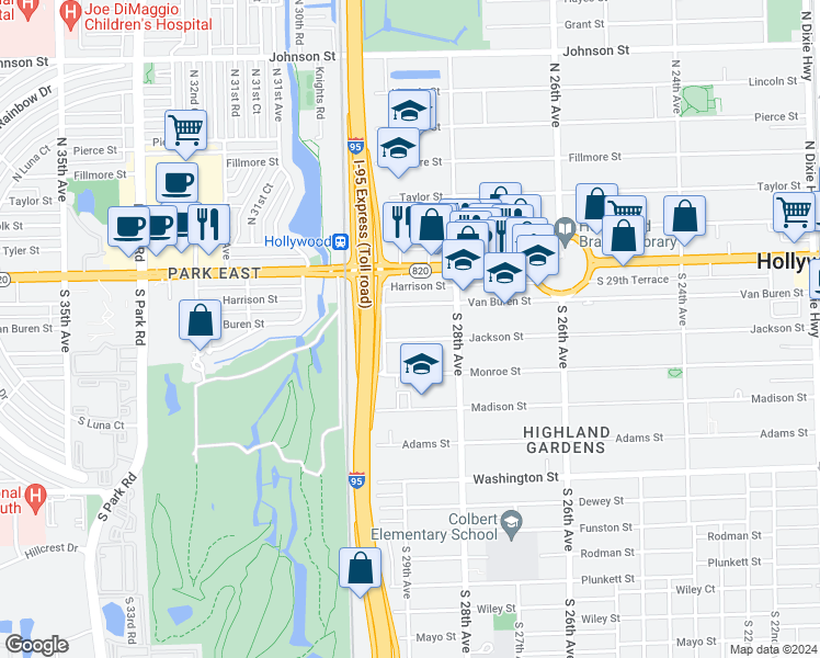 map of restaurants, bars, coffee shops, grocery stores, and more near 2831 Jackson Street in Hollywood