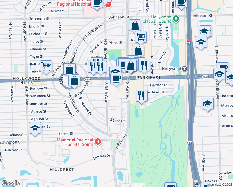 map of restaurants, bars, coffee shops, grocery stores, and more near 300 South Park Road in Hollywood