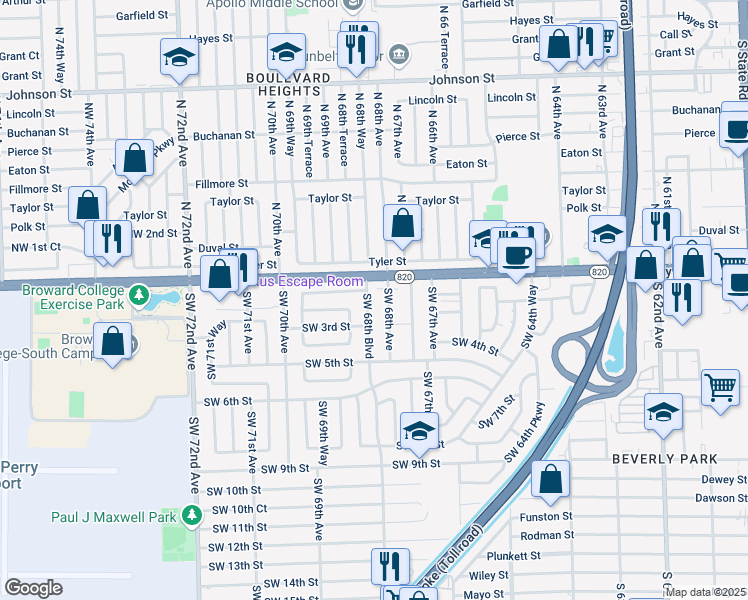 map of restaurants, bars, coffee shops, grocery stores, and more near 200 Southwest 68th Boulevard in Pembroke Pines