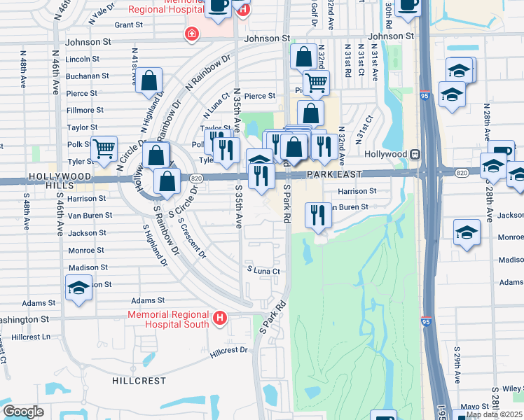 map of restaurants, bars, coffee shops, grocery stores, and more near 300 South Park Road in Hollywood