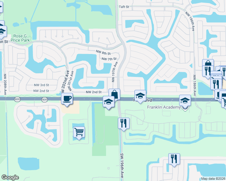 map of restaurants, bars, coffee shops, grocery stores, and more near 201 Northwest 197th Avenue in Pembroke Pines