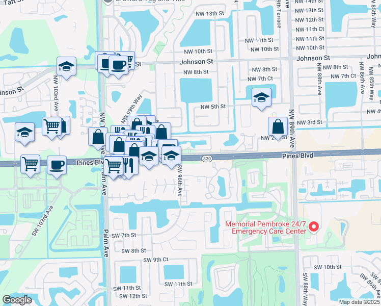 map of restaurants, bars, coffee shops, grocery stores, and more near 9 Northwest 93rd Avenue in Pembroke Pines