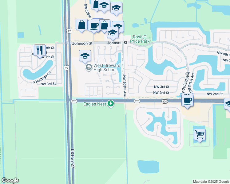 map of restaurants, bars, coffee shops, grocery stores, and more near 20801 Northwest 1st Street in Pembroke Pines