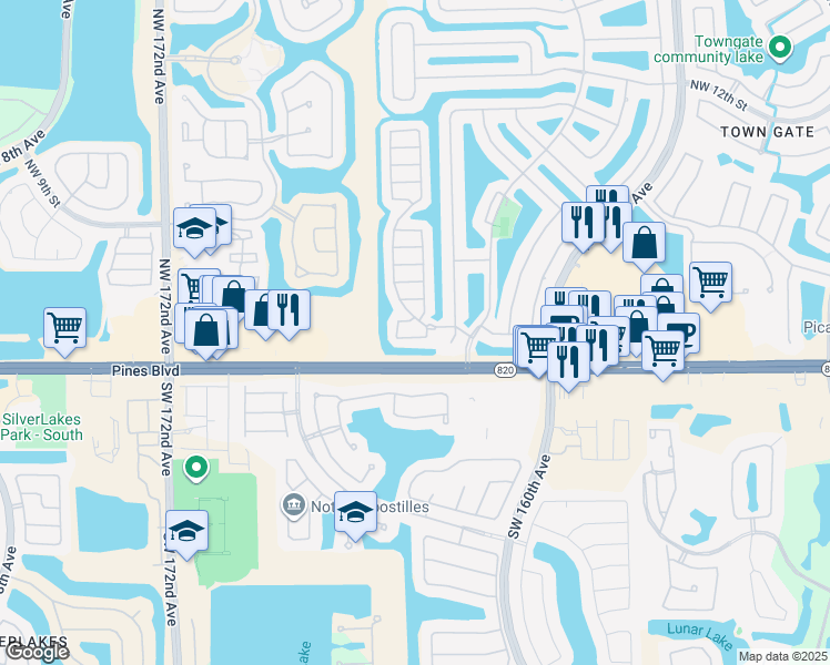 map of restaurants, bars, coffee shops, grocery stores, and more near 16520 Northwest 1st Street in Pembroke Pines