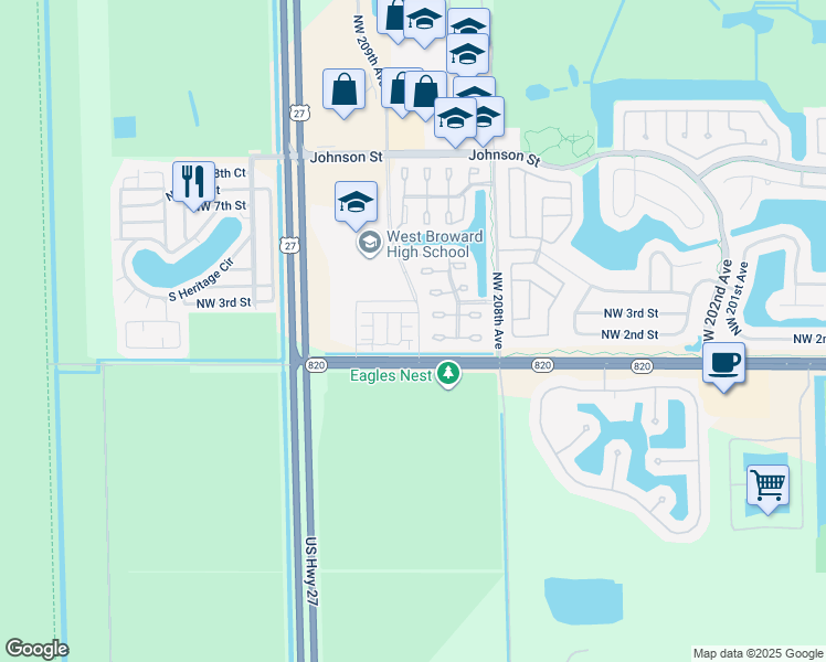 map of restaurants, bars, coffee shops, grocery stores, and more near 20919 Northwest 1st Street in Pembroke Pines