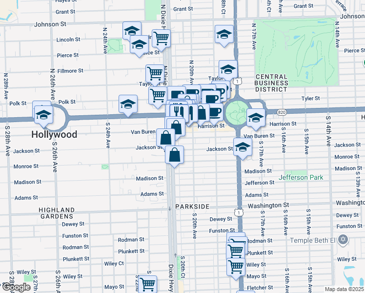 map of restaurants, bars, coffee shops, grocery stores, and more near 2030 Jackson Street in Hollywood