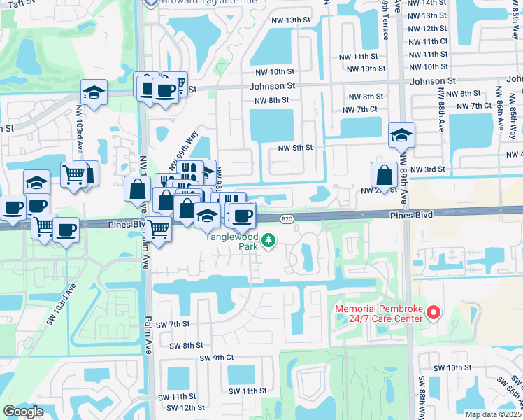 map of restaurants, bars, coffee shops, grocery stores, and more near 9 Northwest 93rd Avenue in Pembroke Pines